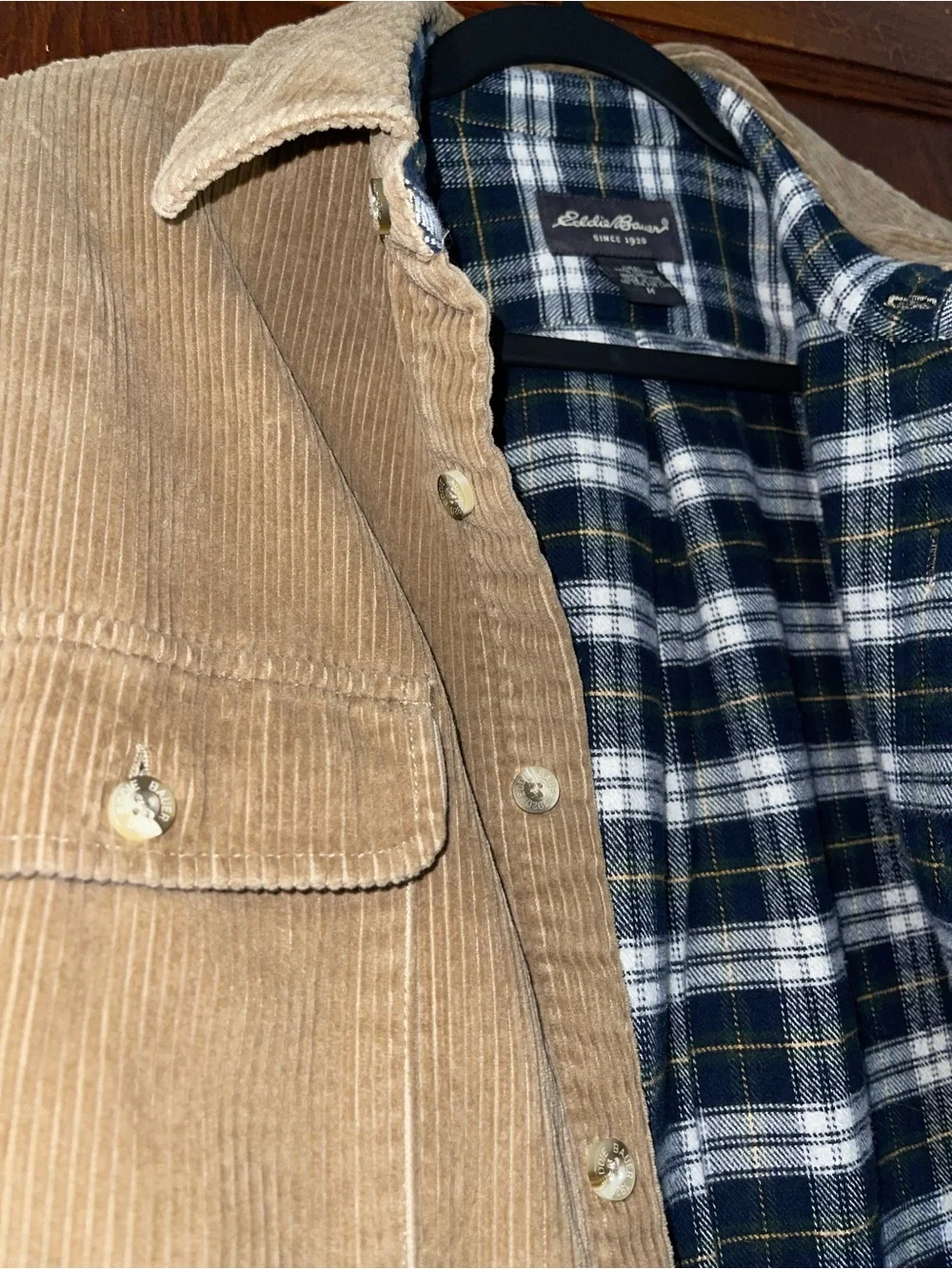 Eddie Bauer Olive Brown Corduroy Shirt Jacket with Plaid Lining